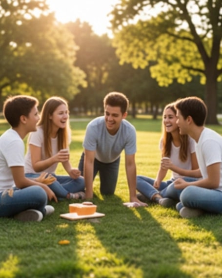 A small group sitting together in a park