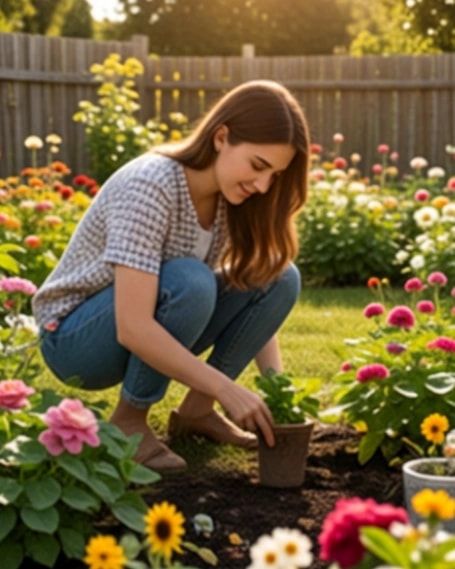Someone planting flowers in a garden bed