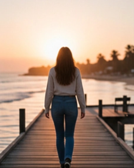 Someone walking along a waterfront pier at sunrise